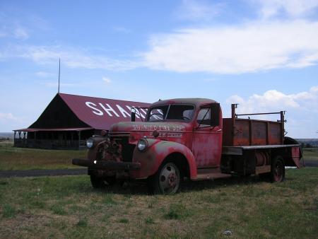Old red truck  in the meadow